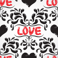 Vector damask seamless pattern element. With abstract handwriting, love, on the background. Elegant luxury texture for wallpapers, backgrounds and page fill.