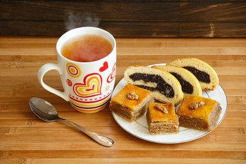 turkish traditional delight with cup of hot tea