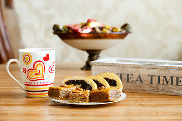 turkish traditional delight with cup of hot tea