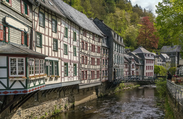 Fototapeta na wymiar Houses along the Rur river, Monschau, Germany