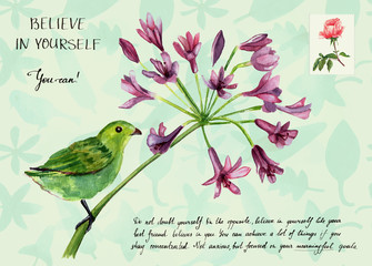 A bird on a plant with the phrase 'Believe in yourself'