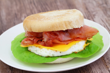 Egg and bacon muffin, closeup
