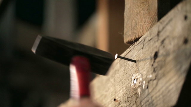 detail of worker with a nail and a hammer