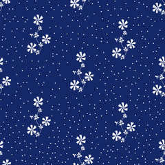 Seamless pattern with the white flowers on navy blue background.