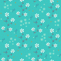 Seamless pattern with the white flowers on turquoise background.