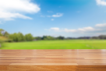 Empty table and field of grass and perfect sky background