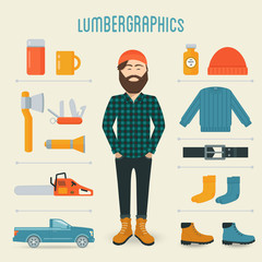 Lumberman Fashion Trend Infographics Elements, Clothes, Tools, Accessories