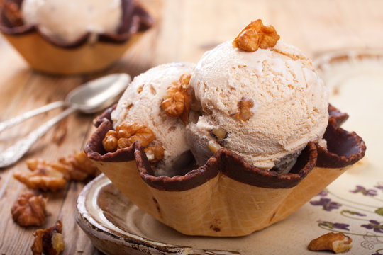 Fresh nut ice cream in waffle cup