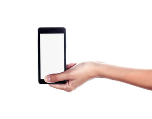 Mobile phone in female hand isolated on a white background