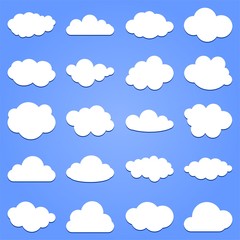 Set of white cloud with shadow on a blue background