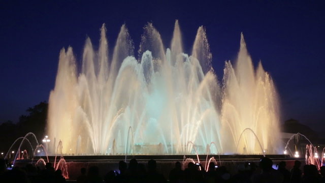 Evening view at colorful vocal Montjuic fountain in Barcelona. Catalonia, Spain