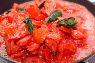 Sugo di pomodoro fresco in cottura, padella sul fuoco, fornelli