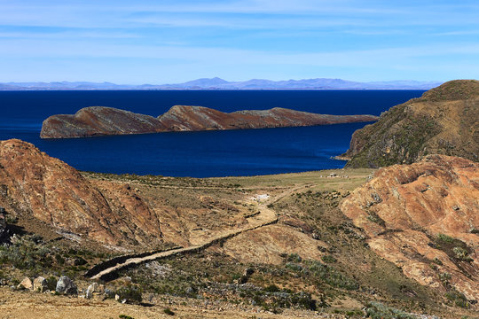 Path to the archaeological site of the Ceremonial Table (Mesa Ceremonial) and the Rock of the Puma (Titicaca) on Isla del Sol (Island of the Sun) in Lake Titicaca, Bolivia