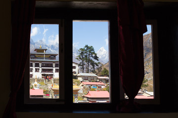Window view Tengboche village monastery. Nepal.