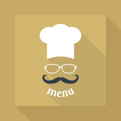 Hipster chef  hat with mustache and glasses.