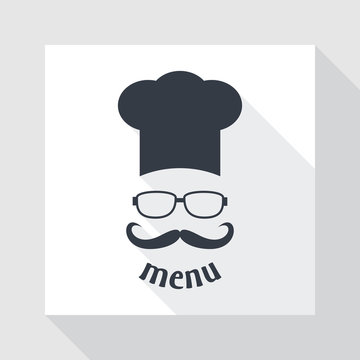 Hipster chef  hat with mustache and glasses.