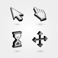 Set of 3d pixel cursors icons: hand, hourglass, arrows. Isolated on light gray background. Vector Illustration.