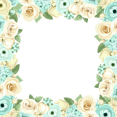 Frame with blue and white flowers. Vector illustration.
