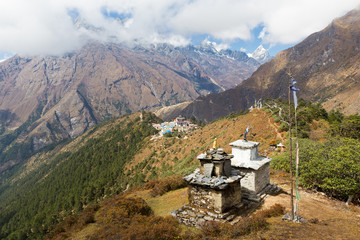 Tengboche mountains village buildings high view .