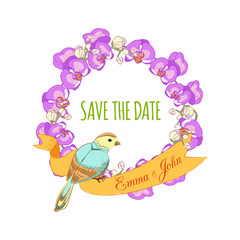 Save the date hand drawn floral wreath with ribbon and bird. 