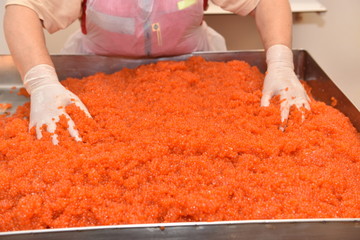 Preparing salmon caviar in the fishing processing plant