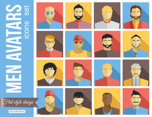 Set of Men Avatars Icons. Colorful Male Faces Icons Set. Flat