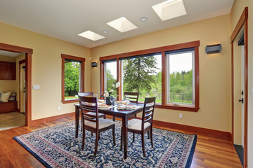 Simple dinning room with large windows.