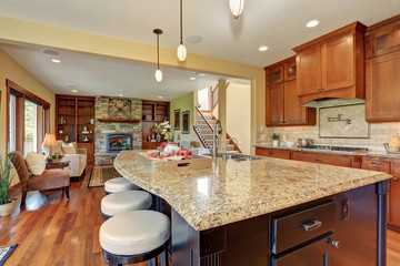 Luxury kitchen with bar style island.