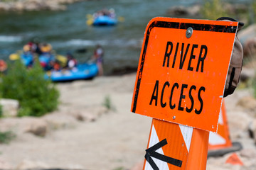 River access sign pointing down to the Animas River in Durango, Colorado
