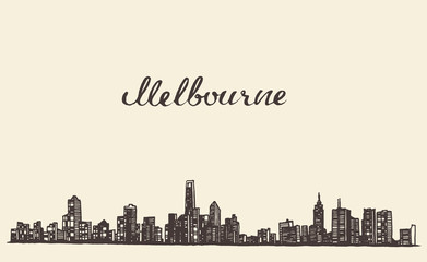 Fototapeta premium Melbourne skyline vector engraved drawn sketch