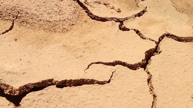 DROUGHT & DESERT - Dolly across hot and dry cracked parched earth (#2, wider) Camera Dolly Across Dry Cracked Earth. Shot can also refer to concepts such as dry skin, Mars, and more.