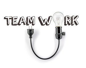 team work phrase and light bulb, Energy saving, hand writing