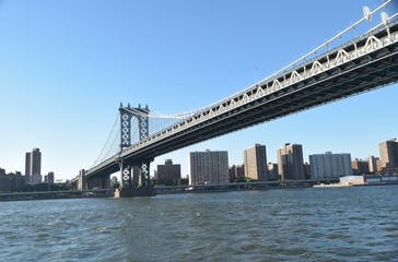New York Bridge over Hudson River in New York, USA with blue sky background and Skyscrapers in this summer setting.