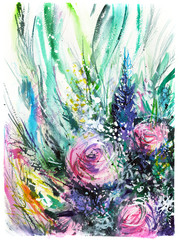 bouquet of flowers with pink roses and green ribbons/ watercolor painting