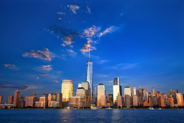 Lower Manhattan skyline at dusk, New York, United States - obrazy, fototapety, plakaty