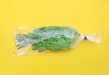 Sweet basil in plastic bag on yellow background (Pop art style)