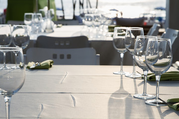 Festively decorated table .