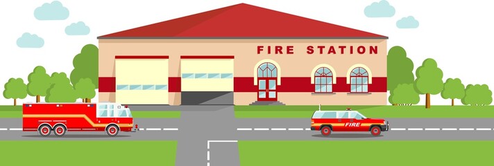 Fire station emergency concept. Panoramic background with fire station building and fire truck in flat style.