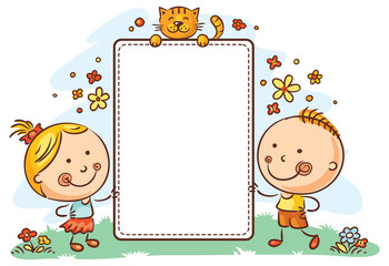 Cartoon kids with a frame with copy space - obrazy, fototapety, plakaty