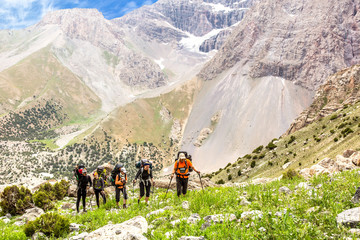 Trekking in Himalaya.
Hikers walking on grassy stone trail in Nepal India Himalaya up to high altitude famous attraction with heavy luggage and trekking gear mountain sunny day peaks background