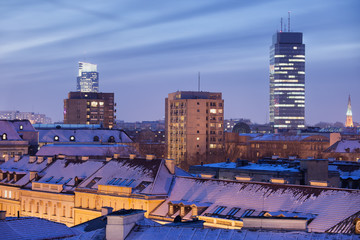 City of Warsaw Winter Night Skyline