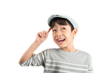 Little boy thinking surprise face get idea on white background