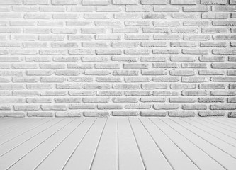 interior of white brick wall with white wooden floor