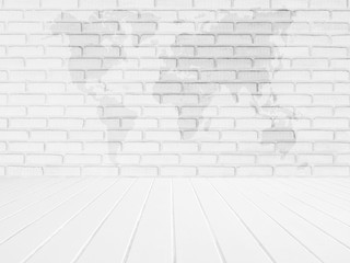 Fototapeta premium interior map of the world on brick walls background. white wooden floor.