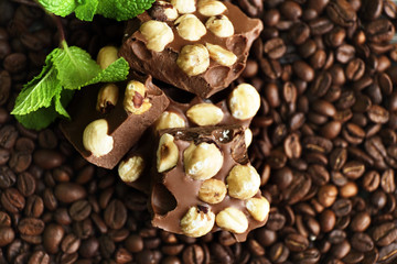 Chocolate with mint and coffee beans, closeup