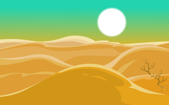 Vector illustration of gigantic dunes in the desert, with a huge sun and a big sky in the background. Empty space leaves room for design elements or text. Poster. Background. Postcard.