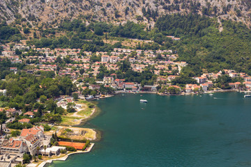 Landscape view on Boka Kotor Bay, old town and mountains  in Montenegro