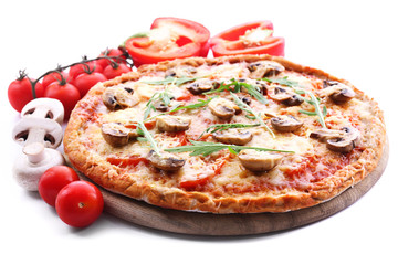 Tasty pizza with vegetables and arugula isolated on white