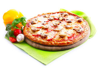 Tasty pizza with vegetables and napkin isolated on white