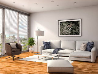 Fototapeta na wymiar interior with white sofa. 3d illustration